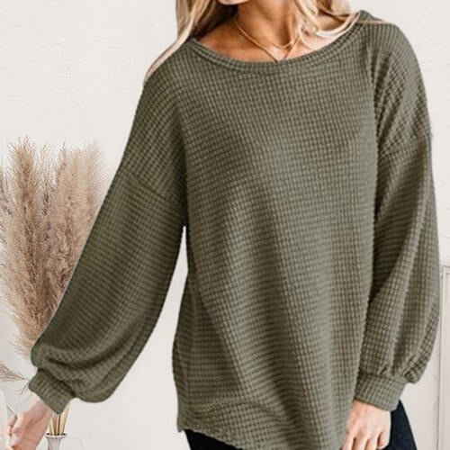 Boat Neck Waffle Knit Top