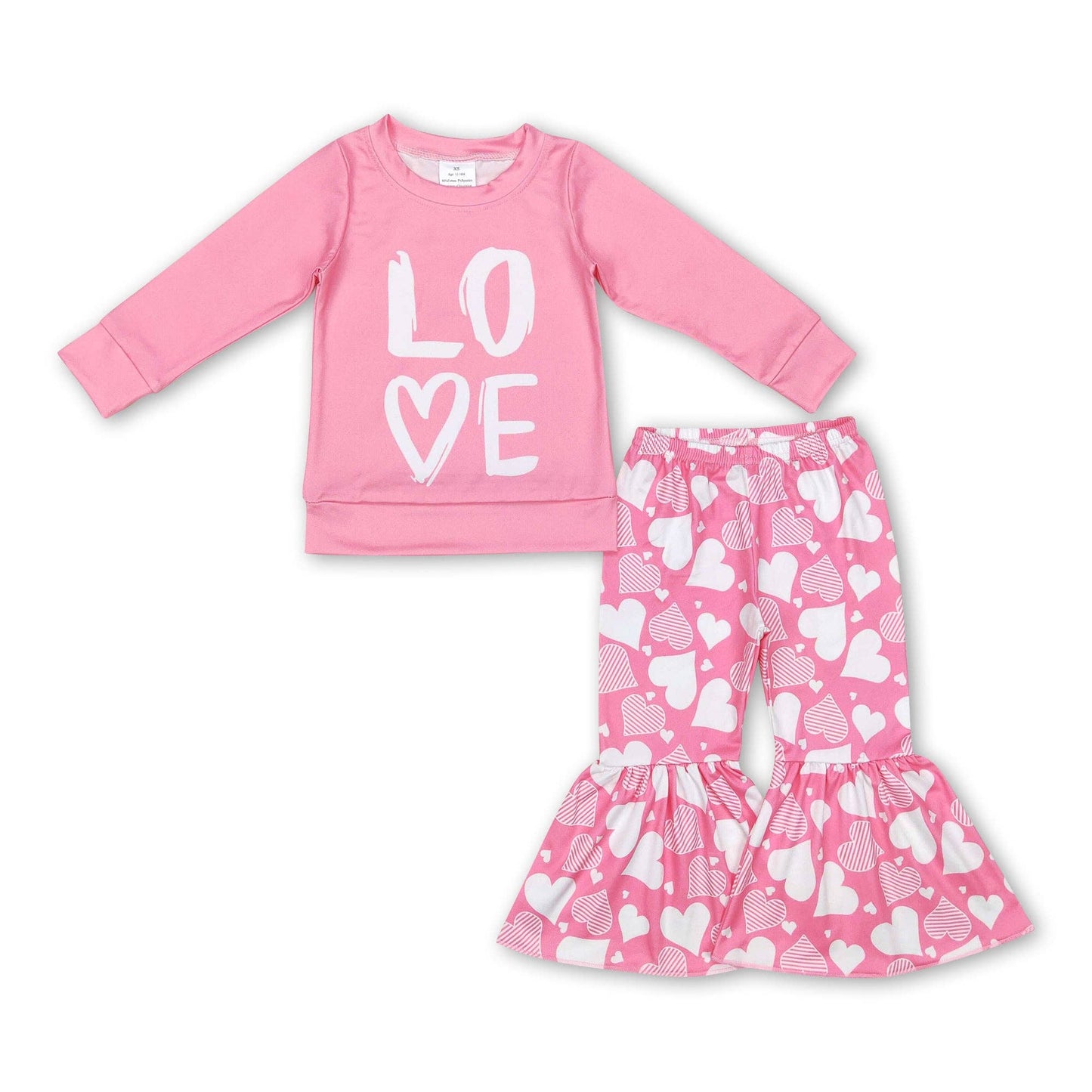 Pink love top heart bell bottom pants girls valentine's outf: 3T